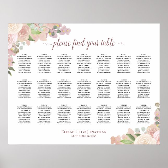 21 Bord Elegant Rosa Blommig Bröllopsställning Poster (Framsidan)