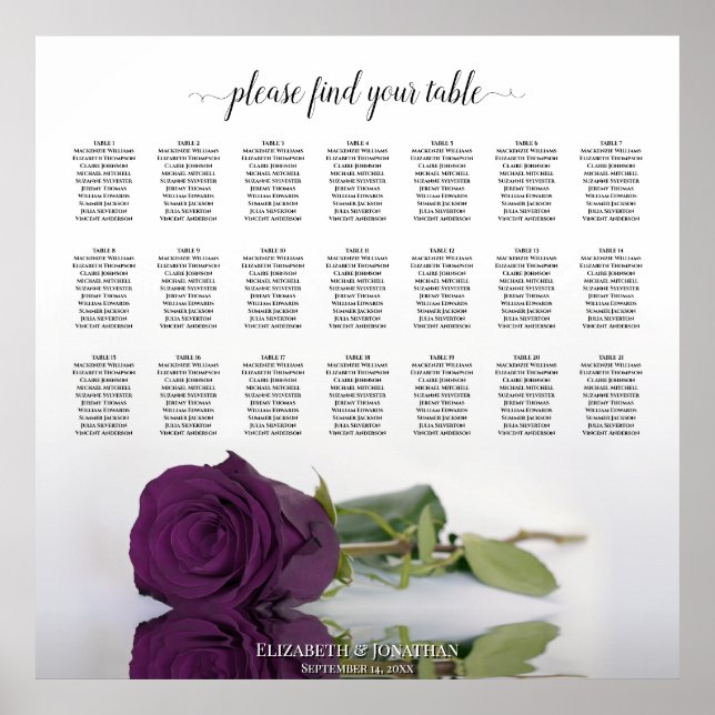 21 Bord Plommon Lila Ros Bröllop Placeringsplan Poster (Framsidan)