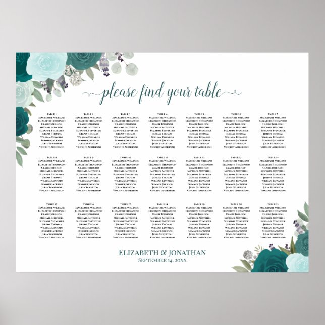 21 Bord Teal Boho Blommig Bröllopsplatskarta Poster (Framsidan)