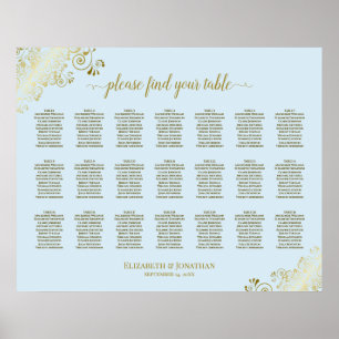 21 Bord Wedding Placeringskarta Puderblå & Guld Poster