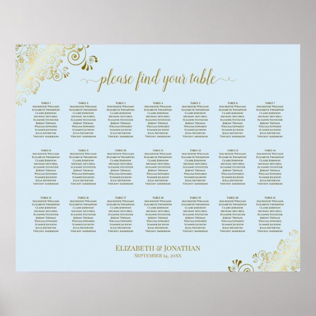 21 Bord Wedding Placeringskarta Puderblå & Guld Poster (Framsidan)