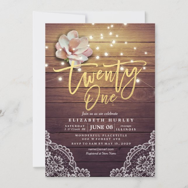 21 Födelsedagsfest Flowers String Ljus Wood Snöre Inbjudningar (Framsida)