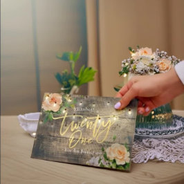 21 Födelsedagsfest Rustic Wood Flowers String Ligh Inbjudningar