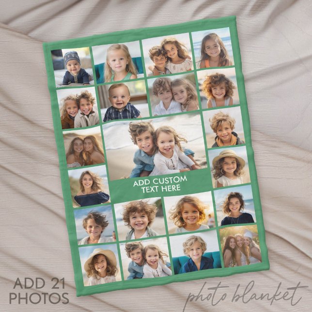 21 Fotokollage - Grönt och text Fleecefilt (Photo Blanket - Fleece)