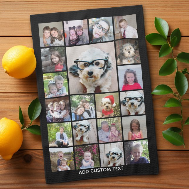 21 Fotokollage - Rutnät med extra-text - svart Kökshandduk (Personalized Kitchen Towel with photos and text - Makes a great gift)