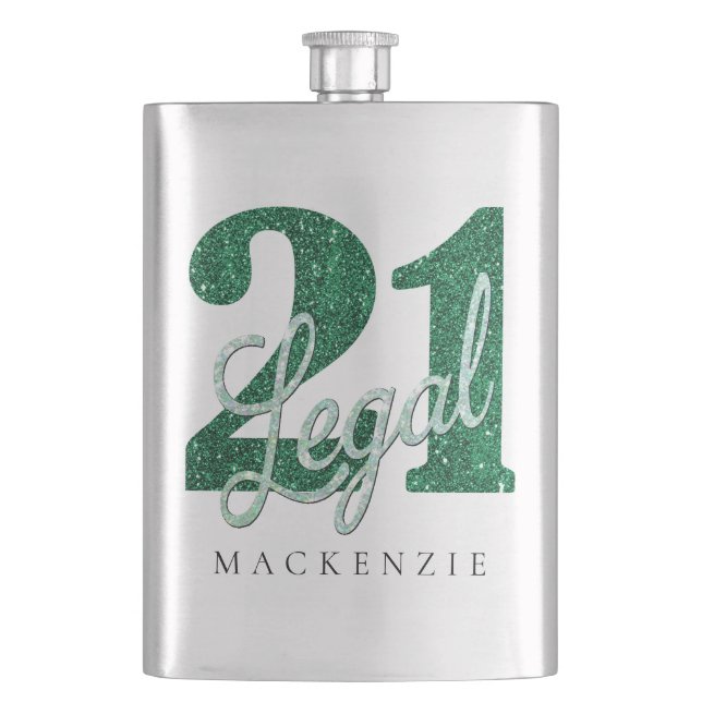 21 och juridiska | Grönt Faux Glitter 21:a födelse Fickplunta (Framsidan)