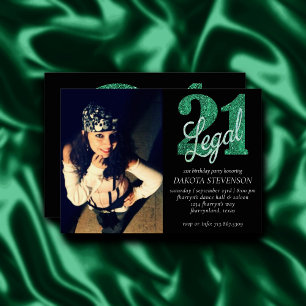 21 och juridiska Grönt Faux Glitter 21st BDay Ph Inbjudningar