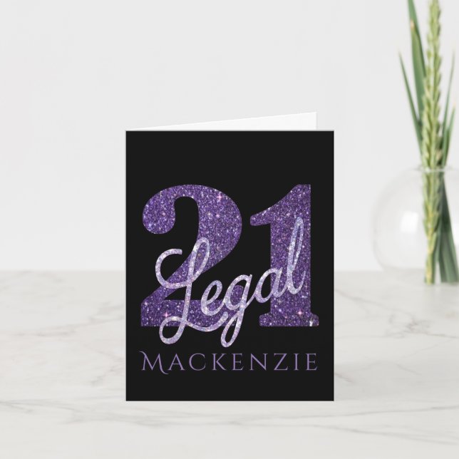 21 och juridiska | Lila Faux Glitter 21:a födelsed Kort (Framsida)