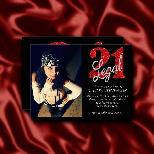 21 och juridiska | Red Faux Glitter Photo Keepsaké Inbjudningar (Skapare uppladdad)