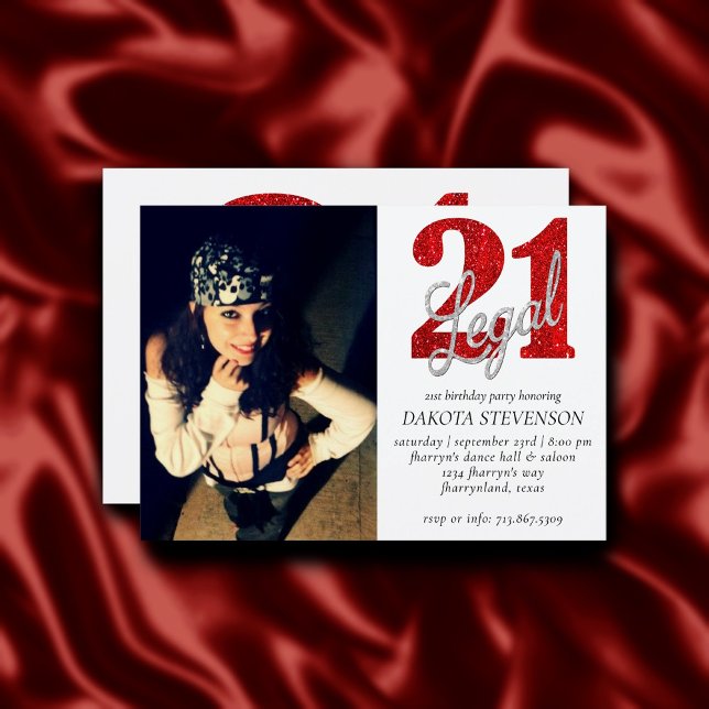 21 och juridiska | Red Faux Glitter Photo Keepsaké Inbjudningar (Skapare uppladdad)