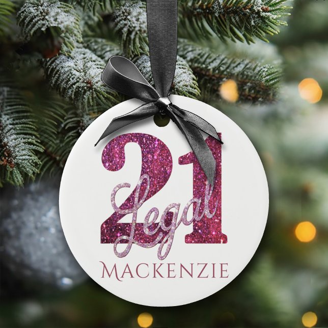 21 och juridiska | Roligt Rosa Faux Glitter 21:a f Julgransprydnad Keramik (Skapare uppladdad)