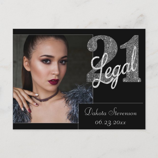 21 och juridiska | Silver Faux Glitter Photo Tack Vykort (Framsida)