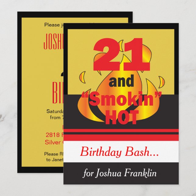 21 och Smokin Hett Birthday Inbjudningar (Fram/baksida)