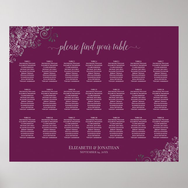 21 sittplatsplan för Bord Bröllop Silver på Cassis Poster (Framsidan)