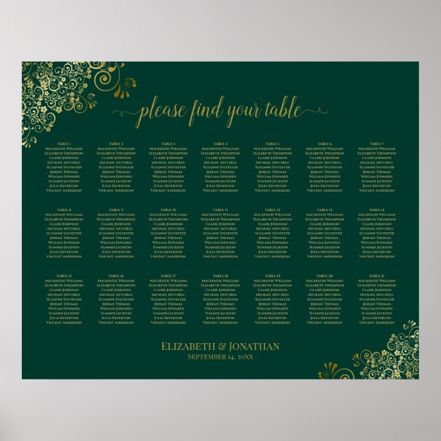 21 Sittplatsschemat Bord Bröllop Emerald Grönt Gul Poster (Framsidan)