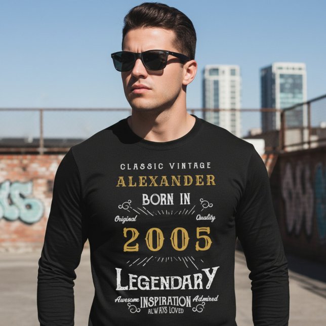 21st Birthday 2005 Add Name Black Gold Legendary T Shirt (Born 2005 Legend long sleeve t-shirt. Urban background.)