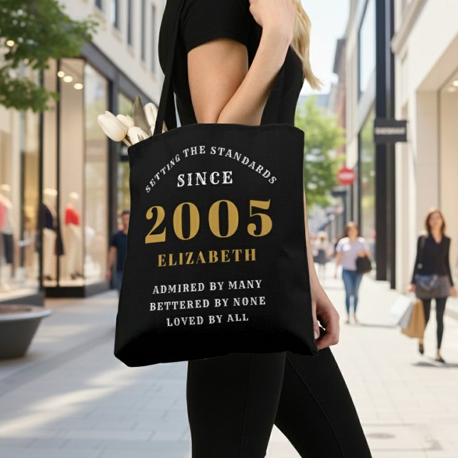 21st Birthday 2005 Black Gold For Her Personalized Tygkasse (Born 2005 birthday tote bag. Background out of focus.)