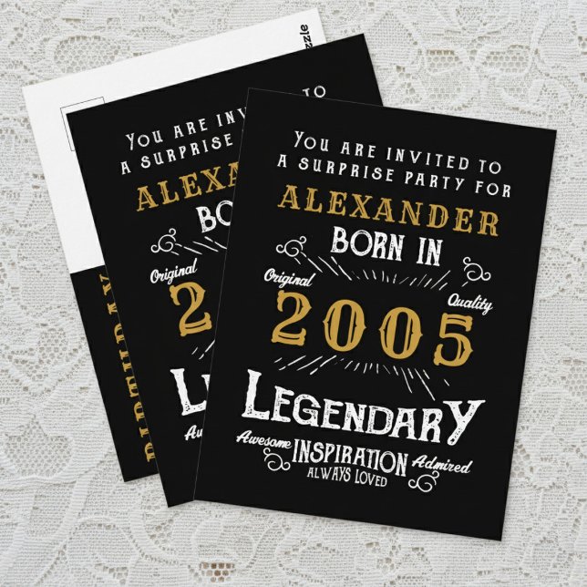 21st Birthday 2005 Black Gold Legend Invitation Vykort (2005 birthday invitation postcard. White background.)