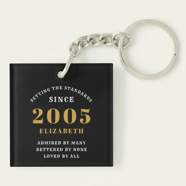 21st Birthday 2005 Black Gold Personalized (Born 2005 birthday keychain. Pastel background.)