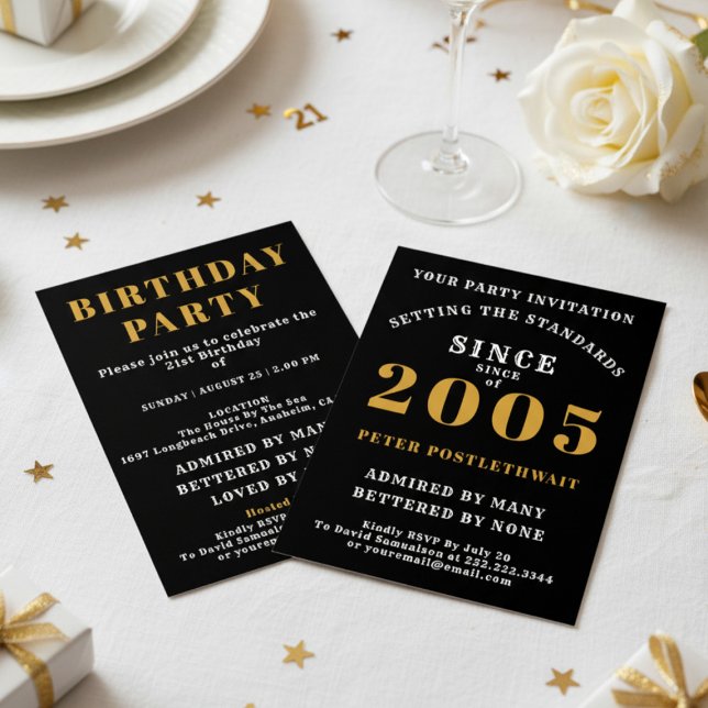 21st Birthday 2005 Black Gold Personalized For Him Inbjudningar (2005 birthday invite. White background.)