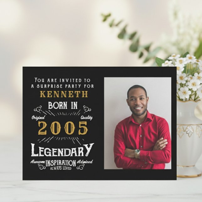 21st Birthday 2005 Vintage Black Gold Personalized Inbjudningar (2005 birthday invite. Blurred background with flowers.)