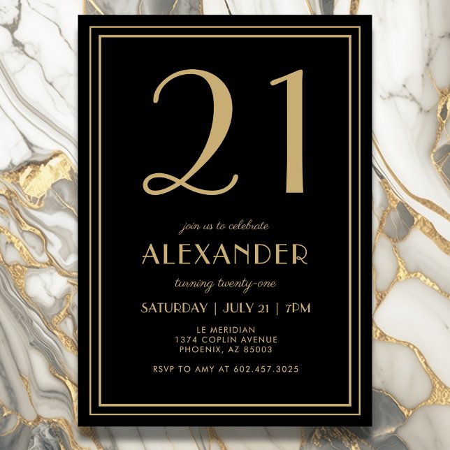 21st Birthday Black and Gold Modern Minimal Adult Inbjudningar (Elegant black and gold 21st birthday invitation design for him or her.)