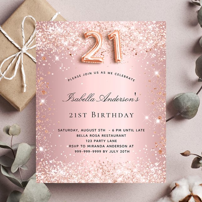 21st birthday blush pink rose budget invitation flygblad (Skapare uppladdad)