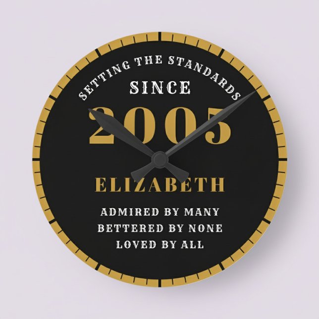 21st Birthday Born 2005 Black Gold Rund Klocka (Born 2005 standards birthday clock. Pastel background.)