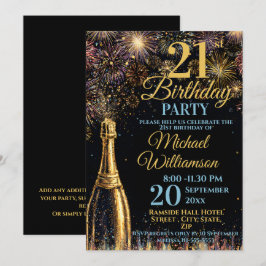 21st Birthday Bubbly Fireworks Gold Blue Inbjudningar