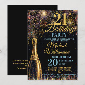 21st Birthday Bubbly Fireworks Gold Blue Inbjudningar