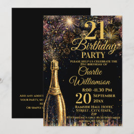 21st Birthday Bubbly Fireworks Gold Inbjudningar