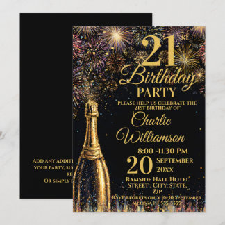 21st Birthday Bubbly Fireworks Gold Inbjudningar