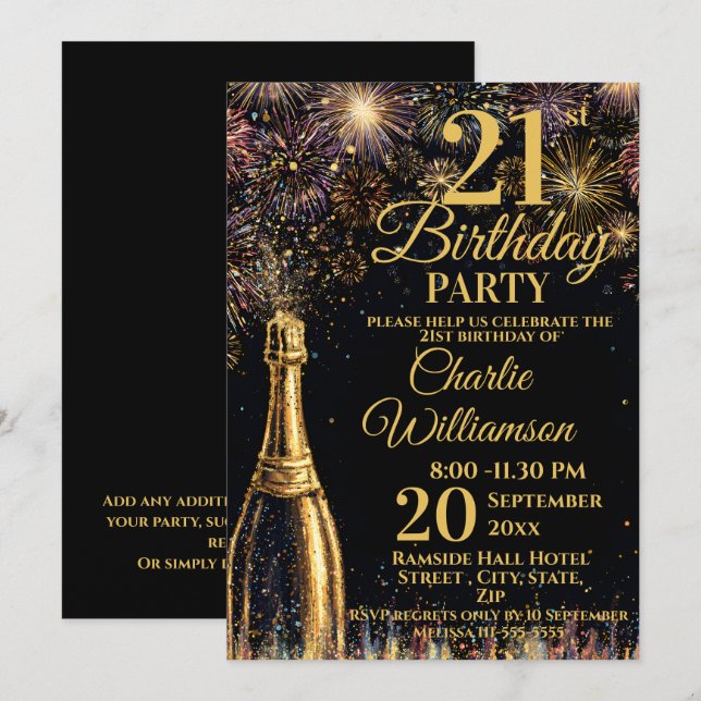 21st Birthday Bubbly Fireworks Gold  Inbjudningar (Fram/baksida)