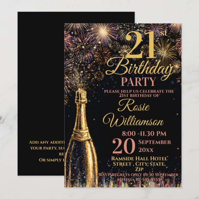 21st Birthday Bubbly Fireworks Gold Pink Inbjudningar (Fram/baksida)