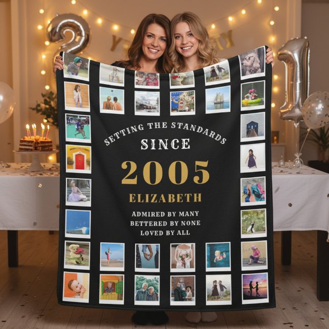 21st Birthday Family Photo Collage 32 Photographs Fleecefilt (Born 2005 fleece photo blanket. 21st birthday party background.)