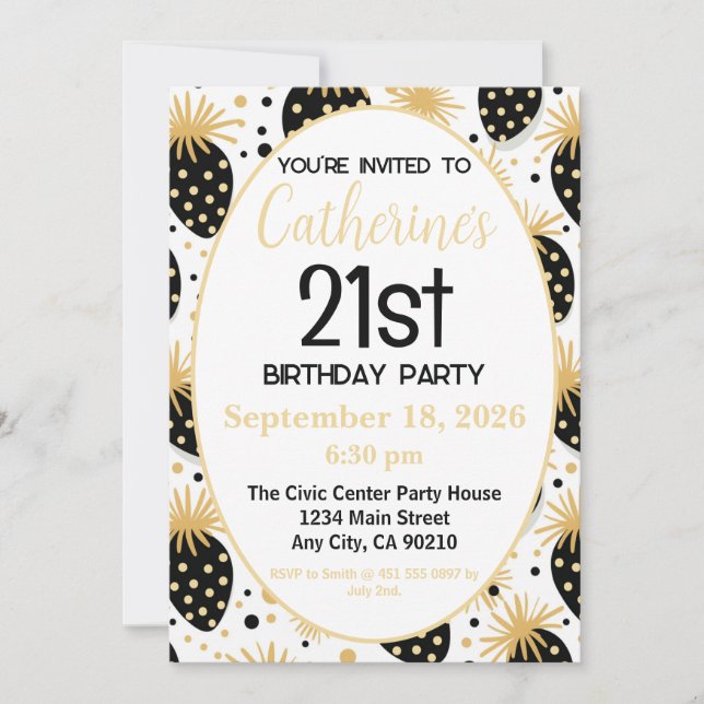 21st Birthday Invitation, Gold & Black Strawberry Inbjudningar (Framsida)