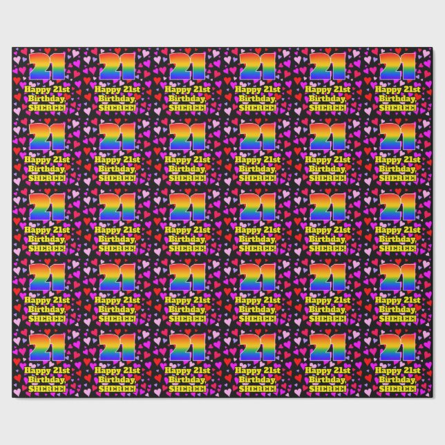 21st Birthday: Loving Hearts Pattern, Rainbow # 21 Presentpapper (Seam)
