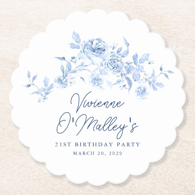 21st Birthday Party Blue Rose Floral Custom Underlägg Papper (Framsida)
