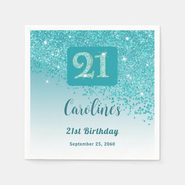 21st Birthday Party Sparkling Teal Blue Glitter Pappersservett (Framsidan)