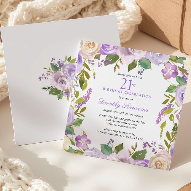 21st Birthday Pretty Purple Floral Invitation Inbjudningar (Skapare uppladdad)