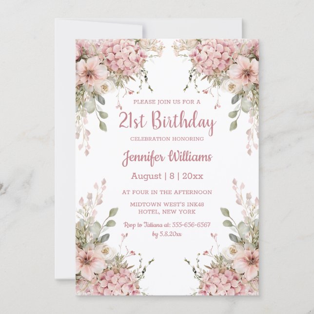  21st birthday watercolor pink floral garden  inbjudningar (Framsida)