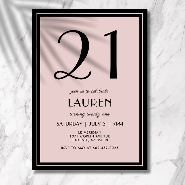 21st Birthday Women's Modern Minimal Black Pink Inbjudningar (Clean lines, elegant layout, and a bold type design for your 21st birthday milestone celebration.)