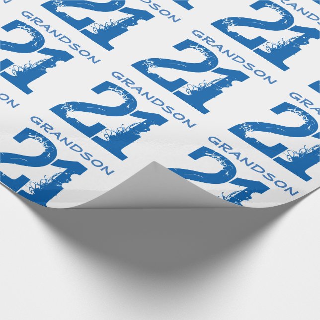 21st Födelsedag för en sonson, blåtttext på white. Presentpapper (Hörn)