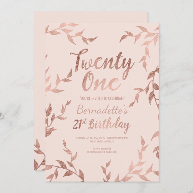 21st födelsedag för moderna rosa guld- inbjudningar (Fram/baksida)
