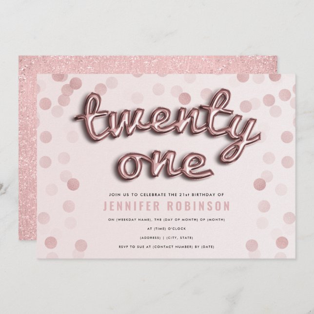 21st födelsedag för rosa glitter för inbjudningar (Fram/baksida)