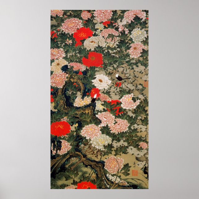 22. 牡 丹 小 禽 図, 若 Peonies & Small Birds, Jakuchū Poster (Framsidan)
