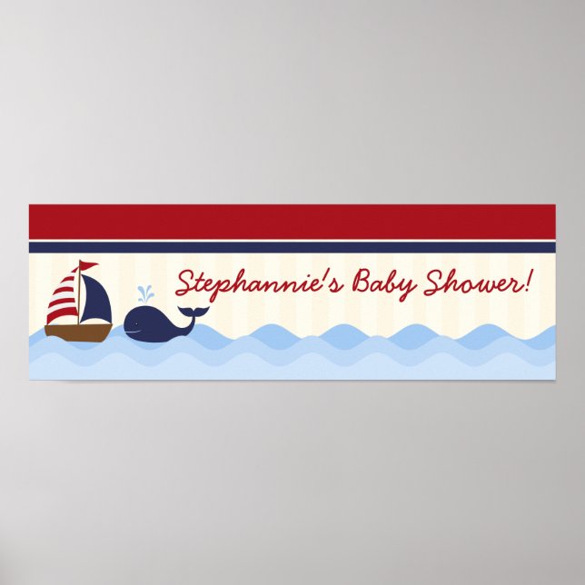 22,5" x 7,5" Personlig Banner Ahoy Nautical Whale Poster (Framsidan)