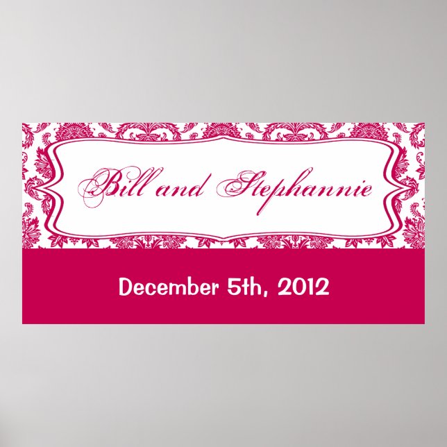 22,5" x 7,5" Personlig Banner Fusia White Damask Poster (Framsidan)