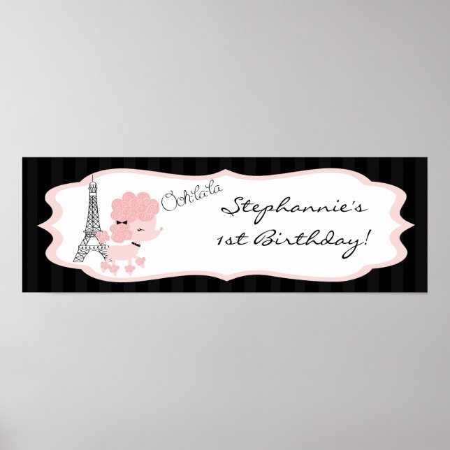 22,5" x 7,5" Personlig Banner Rosa Pudel Paris Poster (Framsidan)