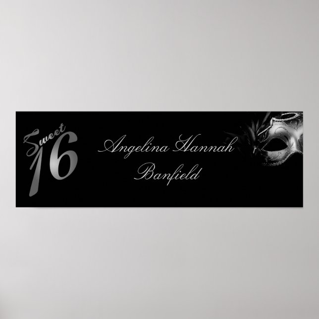 22,5" x 7,5" Personlig Banner Sweet 16 Silver Poster (Framsidan)
